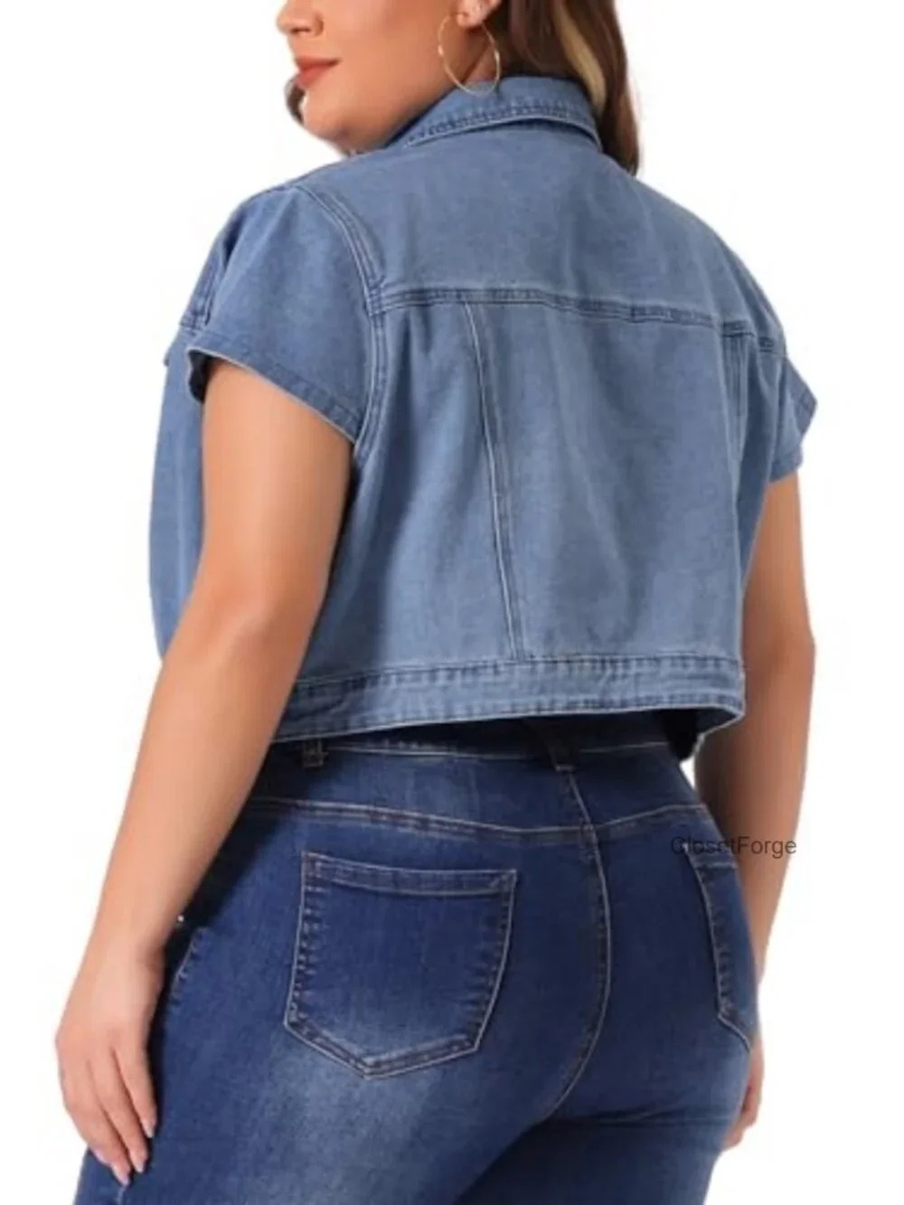 Plus Size Short Sleeve Crop Denim Jacket Button Down Y2K Streetwear